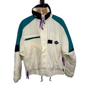 Vintage 1980S SERAC Sport Colorblock Cream Purple Turquoise Mens Ski Coat 42